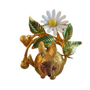 Gold Crown BROOCH - Rabbit Bunny Daisy TREMBLANT Enamel